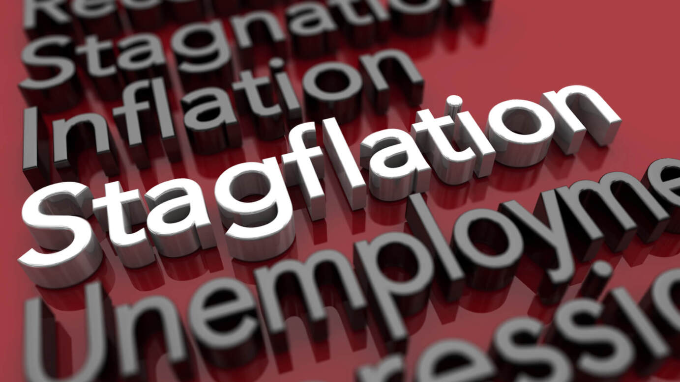 3D Words "Recession, Stagnation, Inflation, Stagflation, Unemployment"