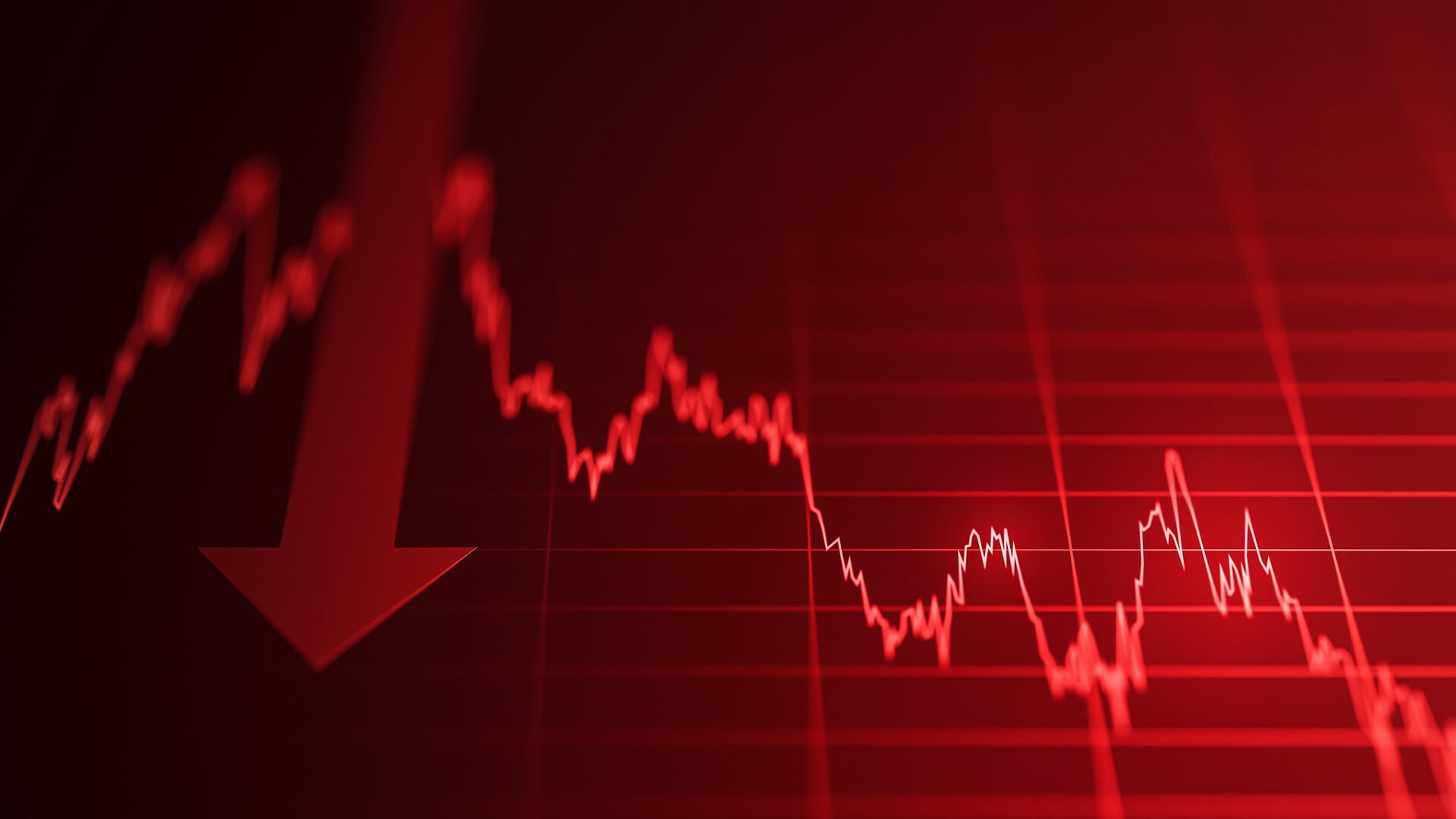 Red financial chart with fluctuating line graph
