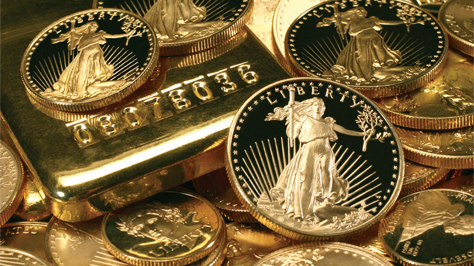 Gold coins and bars.