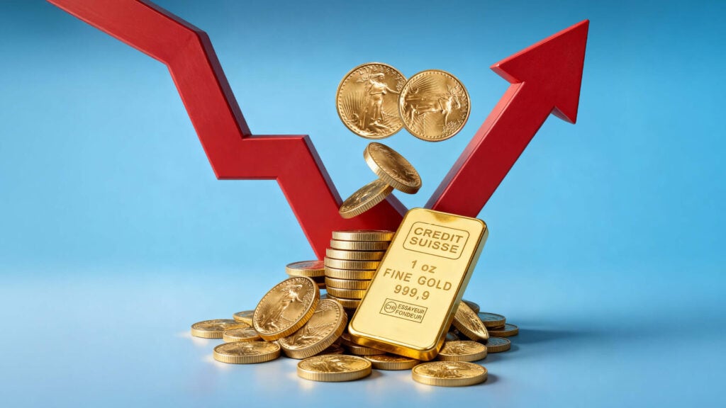 Gold coins, bar, red arrow.