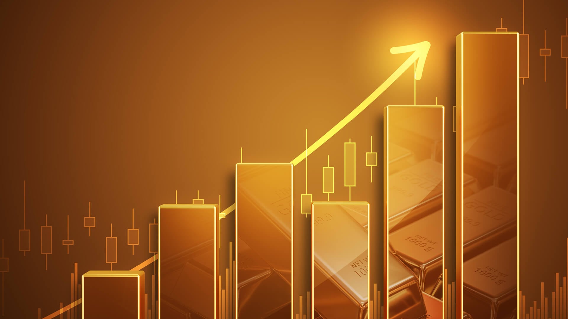 Gold bars with rising arrow and chart