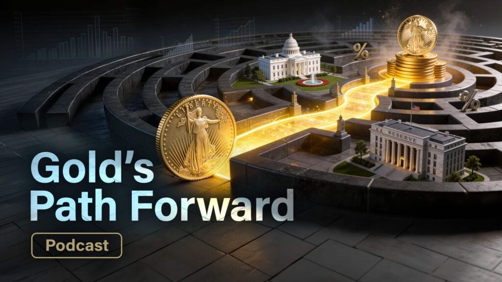 Text “Gold’s Path Forward: Interest Rates and the Bigger Picture” over an image of a gold coins in a maze with percent symbols and government buildings